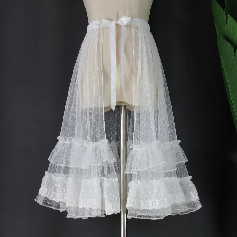 Original New Spring Summer Lace-up Lolita Overskirt Perspective Mesh Elegant Lace Ruffles A-line Skirt Solid Color Fairy Skirts