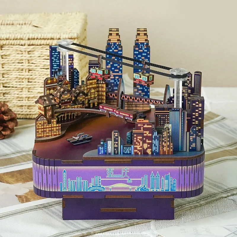 DIY 3D Wooden Chongqing Street View Music Box Miniature Model Kits Jigsaw Puzzles Can Move for Children Birthday Gift Home Decor