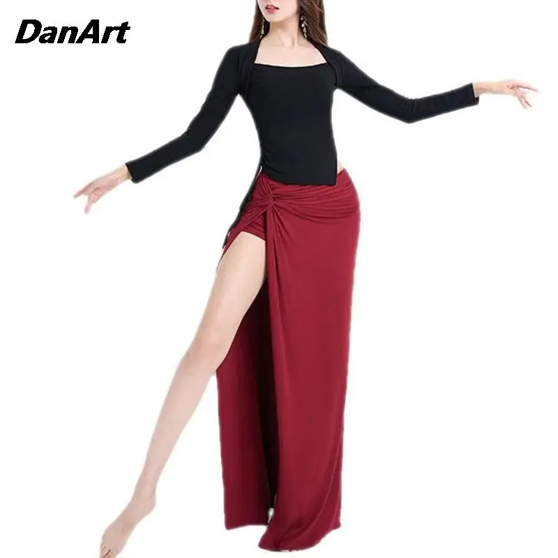 Women Belly Dance CostumeTraining Performance Suit Neck Slim Long Sleeve Top Set Oriental Dance Square Autumn and Winter Set