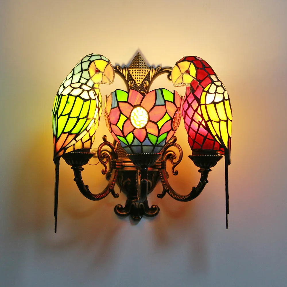 Lightslighting Pastoral Style Double Headed Parrot Handmade Stained Glass 2light Wall Lamp Suitable for Bedroom Living Room
