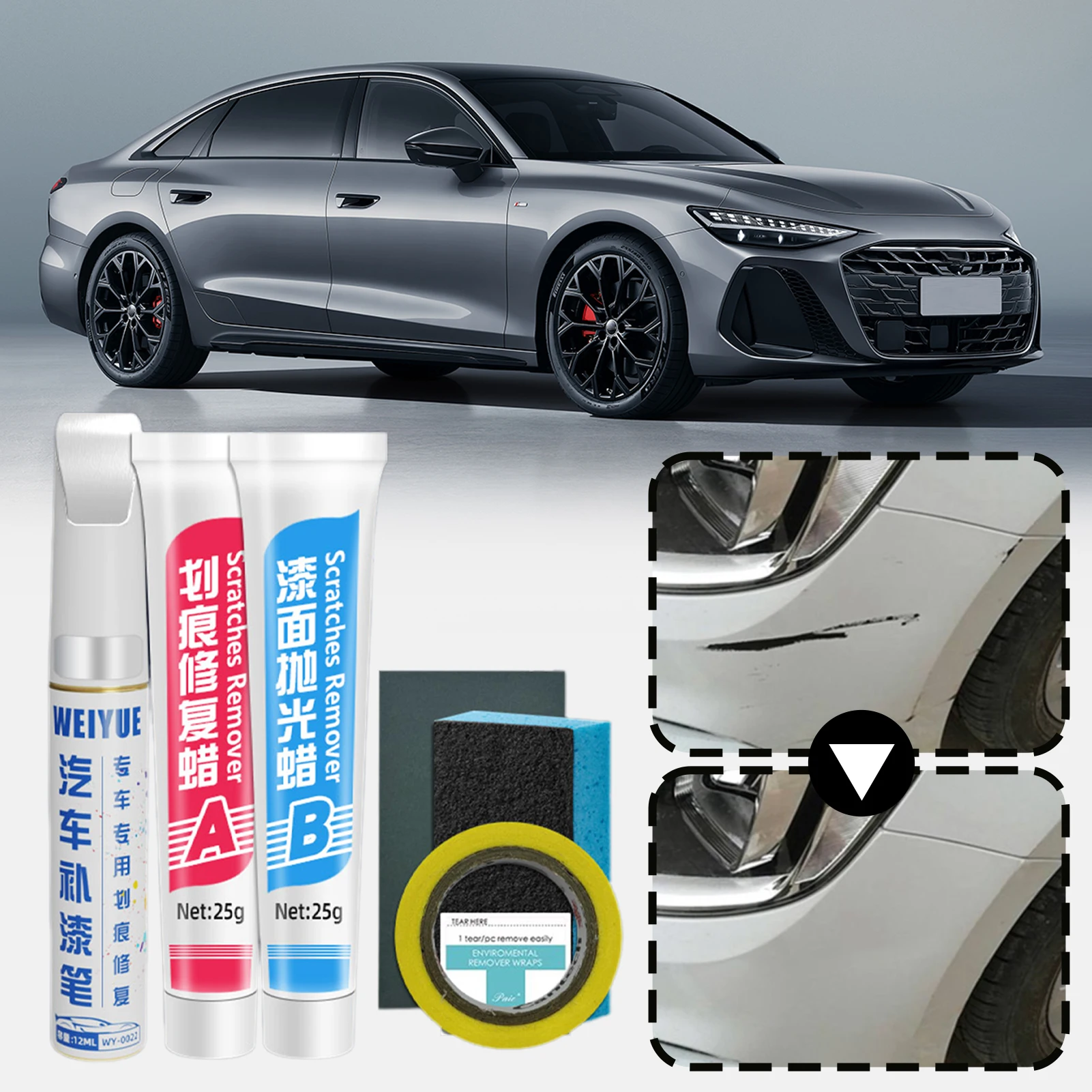 Professional Auto Paint Repair Compound With Touch-Up Pen Buffing Sponge Sanding Tools For Swirls Marks, Scuff