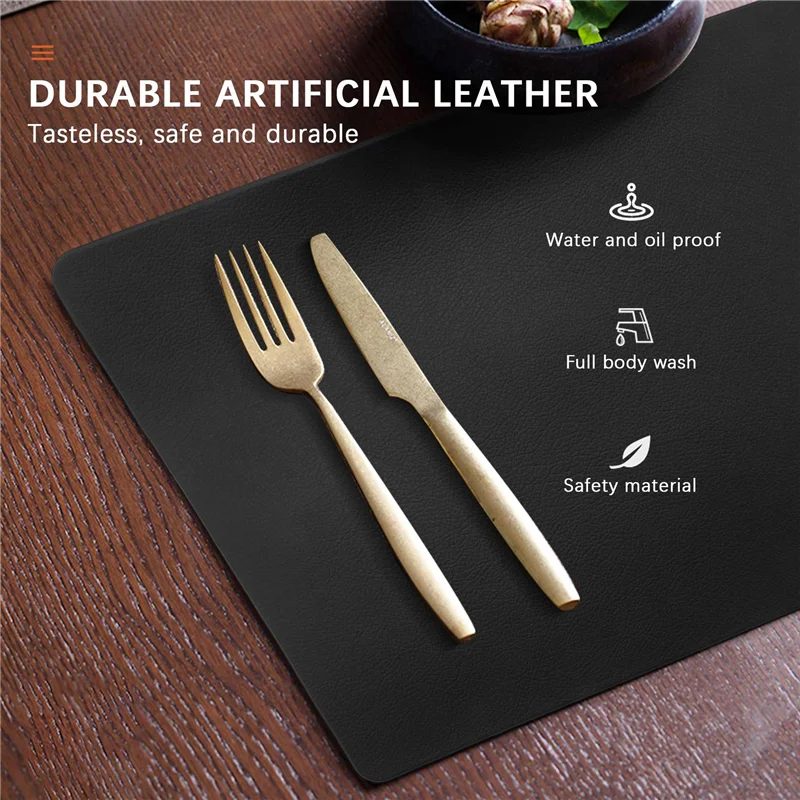 4PCS Heat-Resistant Placemats, Artificial Leather Placemats, Waterproof, Non-Slip, Washable Kitchen Placemats, (Black)