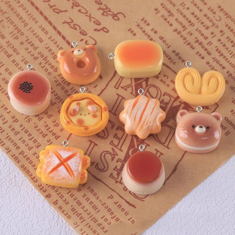 10Pcs Cute Bear Egg Tart Cheese Bread Charms Resin Simulation Food Pendants for Jewelry Make DIY Crafts Keychain Earrings