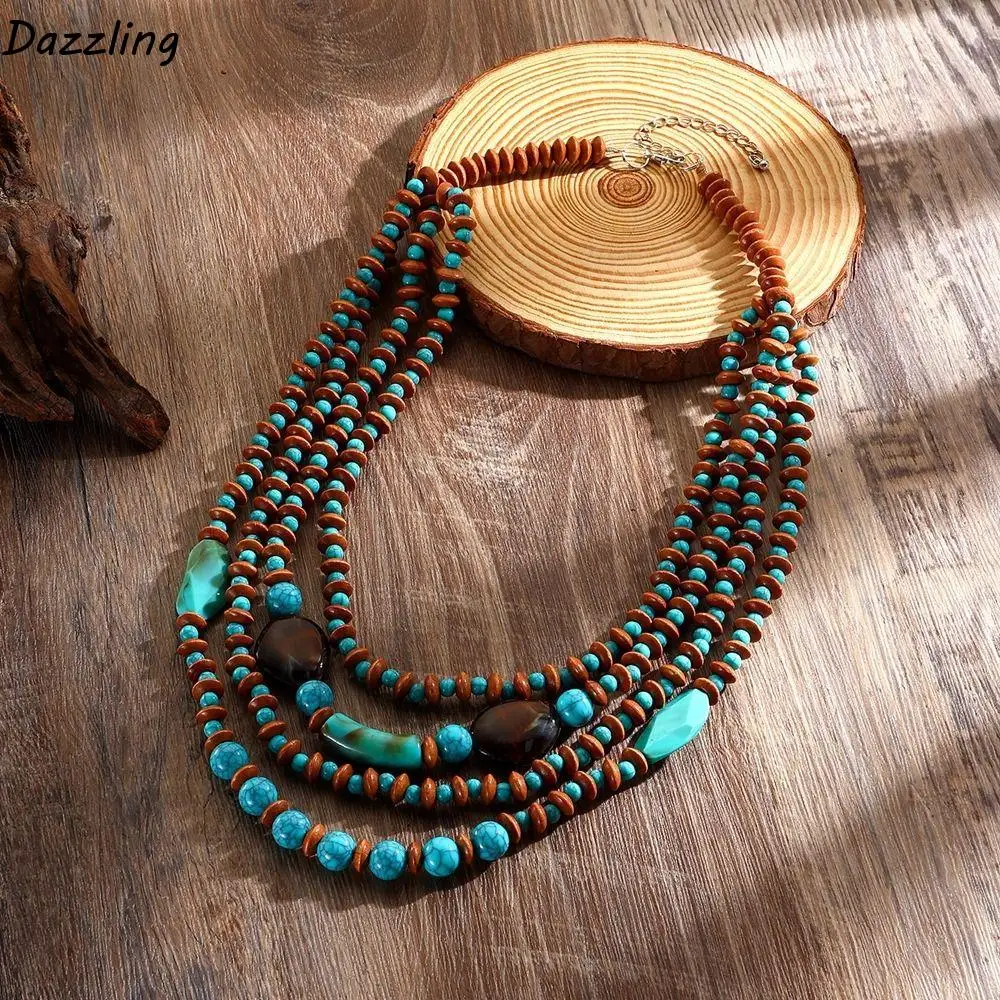 Trendy Retro Bohemian Necklace Brightly Colored Rich Levels Multi Layer Necklace Wooden Bead Long Bead Necklace Festivals