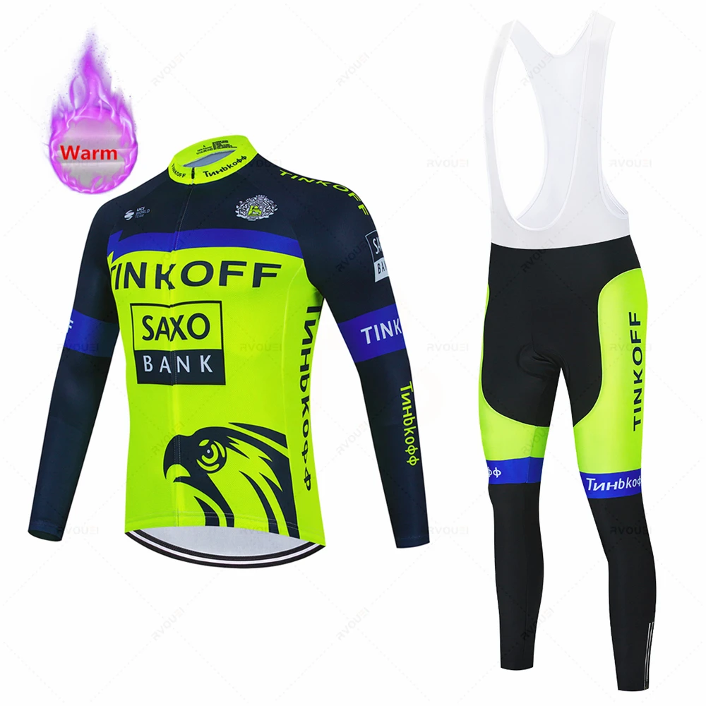 Tinkoff Saxo Bank Team Winter Thermal Fleece Cycling Clothes Men\'s Jersey Suit Outdoor Riding Bike MTB Clothing Warm Bib Pants