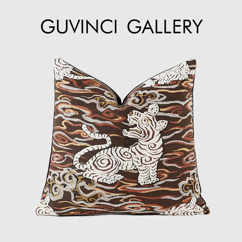 

GUVINCI Chinoiserie-Inspired Tiger Foo Dog Decorative Pillow Cover Luxury Jacquard Cushion Case Stunning Toss Accent 45x45 50x50