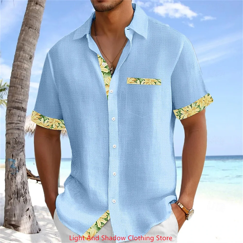 

Men's plus Size Hawaiian Beach Shirt Summer New Minimalist Solid Color Patchwork Printed Breathable Short Sleeved Pocket Linen