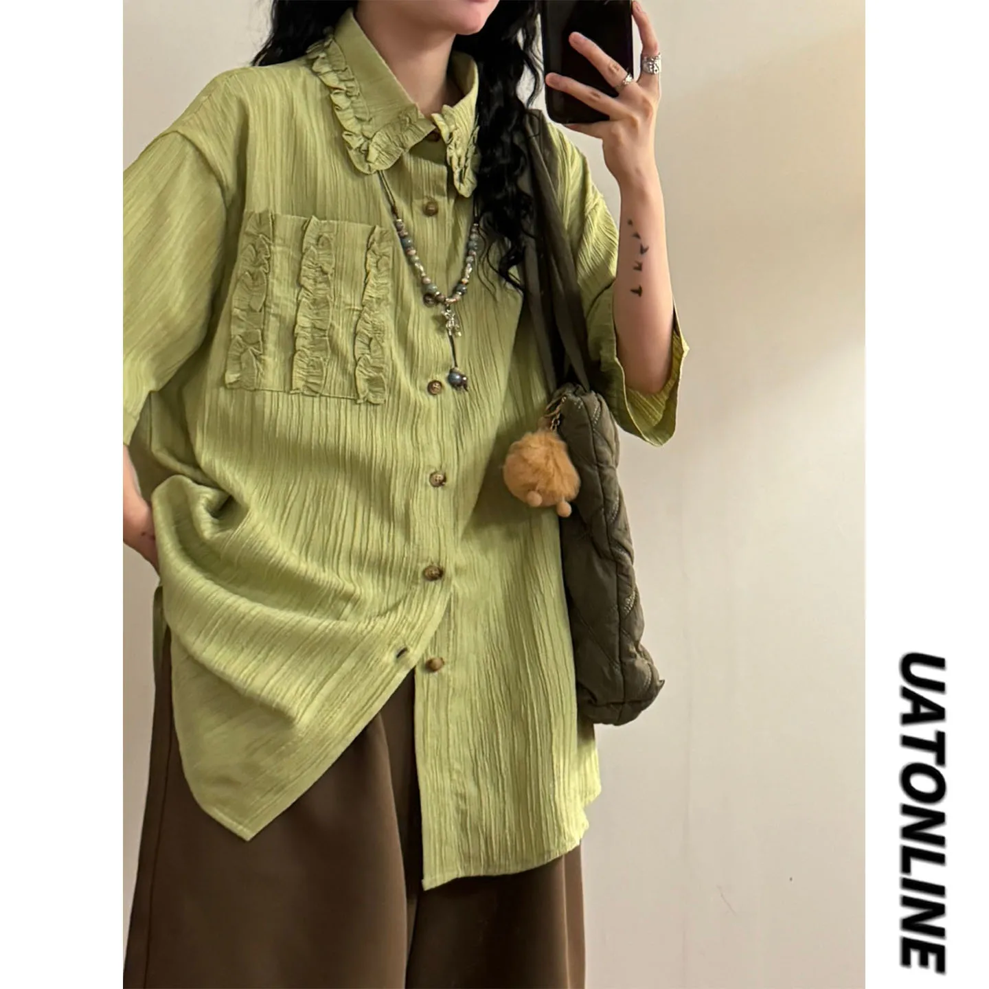 

UATONLINE2026 Летняя женская рубашка свободного кроя с коротким рукавом в уличном стиле, с деревянным принтом, художественный дизайн, модная, устойчивая к деформации