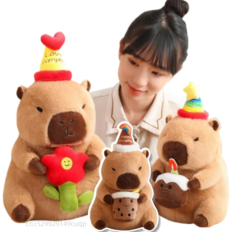 30/40cm Creative Kawaii Capybara Plush Doll Pillow Birthday Bubble Tea Flower Happy Capybara Plush Toy For Boys And Girls Gift