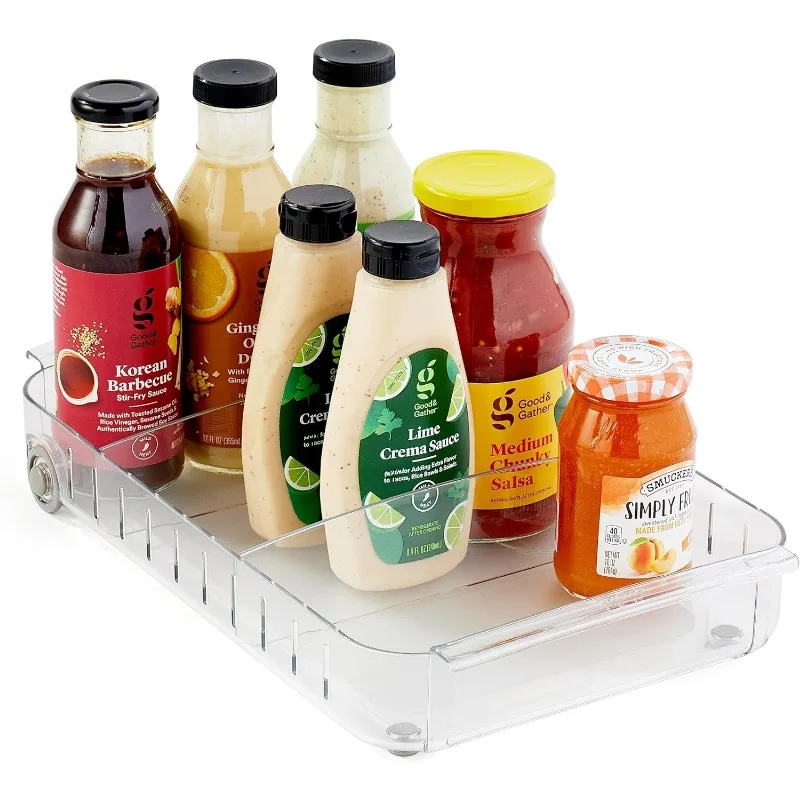 

Roll Out Fridge Caddy Clear Rolling Refrigerator Organizer Bin with Adjustable Dividers and Handles