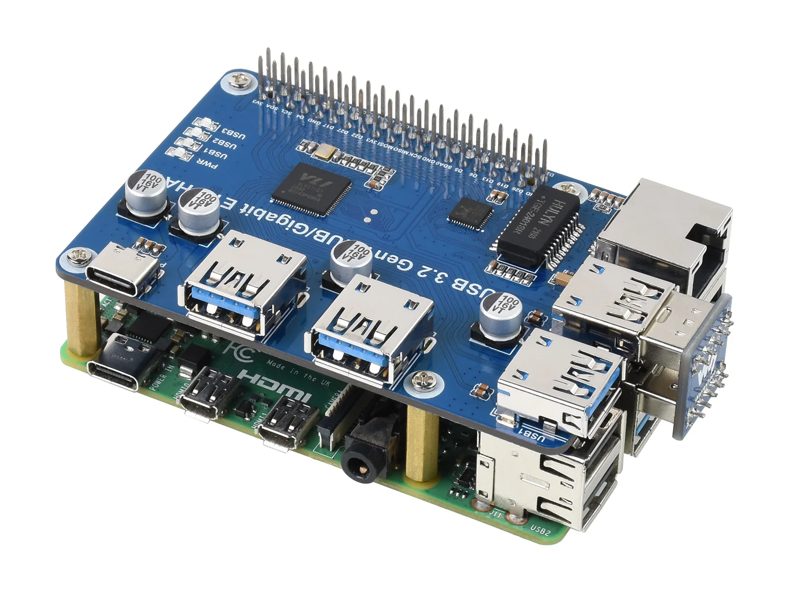 USB 3.2 Gen1 HUB Gigabit ETH HAT, USB 3.2 Gen1 i Gigabit Ethernet HUB HAT dla Raspberry Pi, 3x USB 3.2 Gen1, 1x Gigabit Ethernet