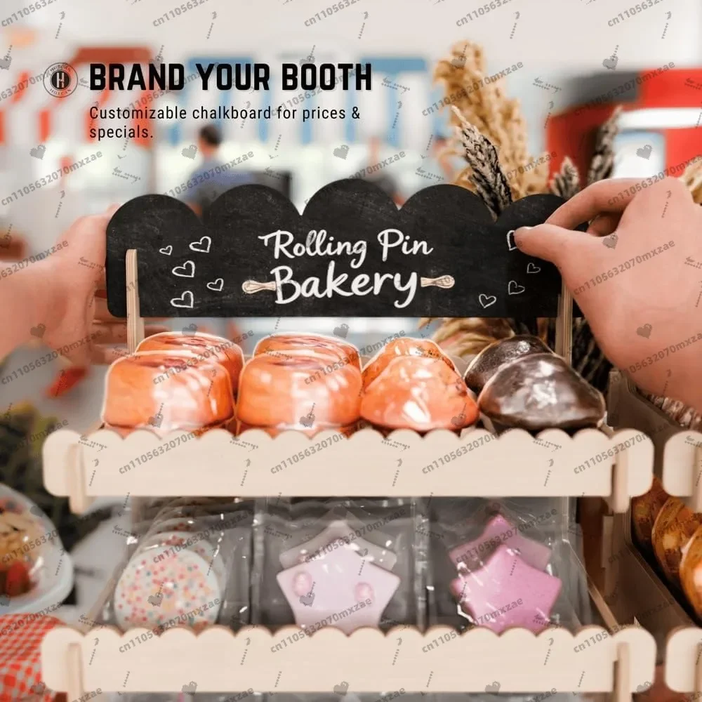 3-Tier Wooden Display Stand with Chalkboard Sign, Portable Cookie Cupcake Pastry Showcase for Bakery Shop Market Booth