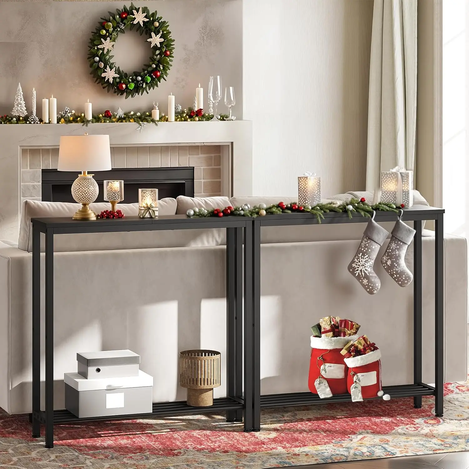 Slim Console Table with Shelves, Industrial Style Entryway Sofa Table for Living Room, Black