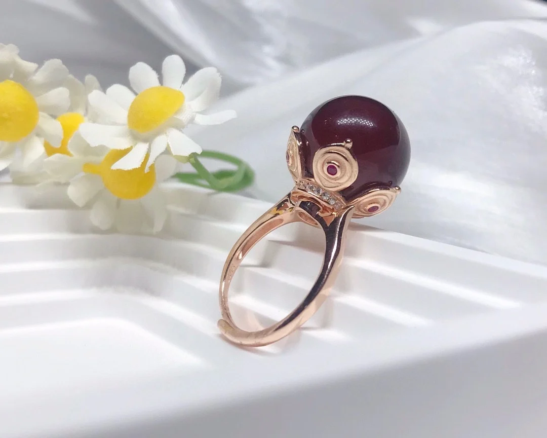 Silver Inlaid Natural Blood Amber Ring Adjustable Size 15 to 17mm Rotatable Ring Exquisite Prong Setting Craft