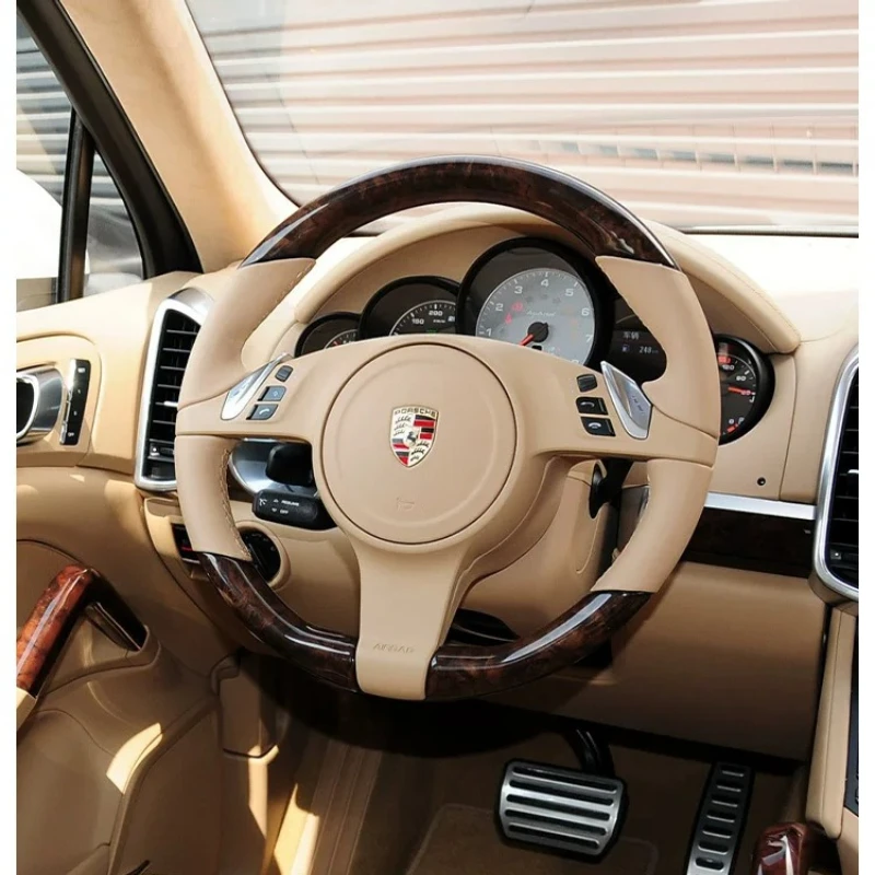 

For Porsche Cayenne Panamera 2010-2012 Hand-Stitched peach wood grain genuine Leather Non-Slip car Steering Wheel Cover parts