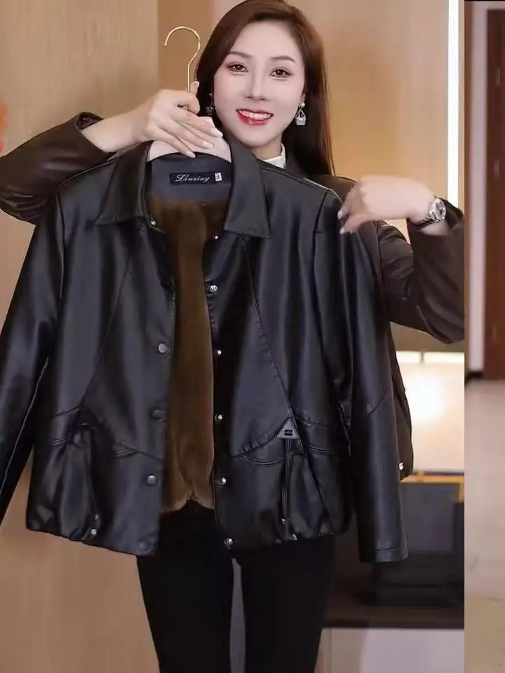 

Fall New Sle ort Mom Leather Jaet Coat Casual Loose Faionable Ladies Small Size Leather Clothes Bright Surface PU