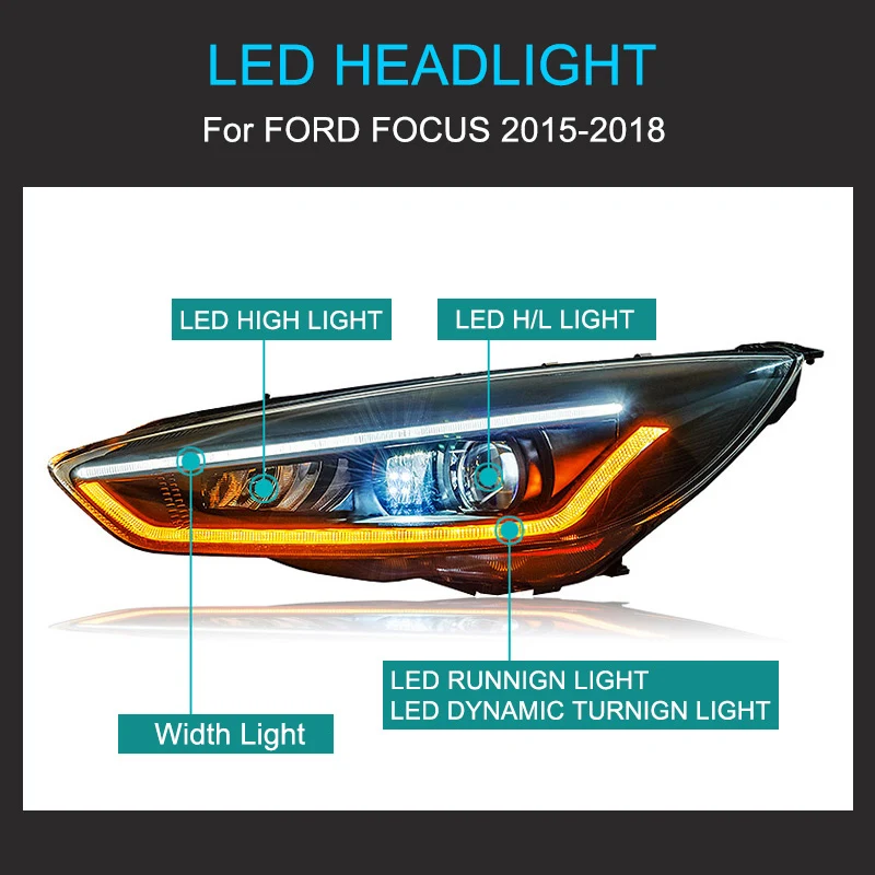 مجموعة مصابيح أمامية ليد لفورد فوكس ، مصابيح أمامية متحركة ، التوصيل والتشغيل مع DRL ، من من من من من من من نوع X