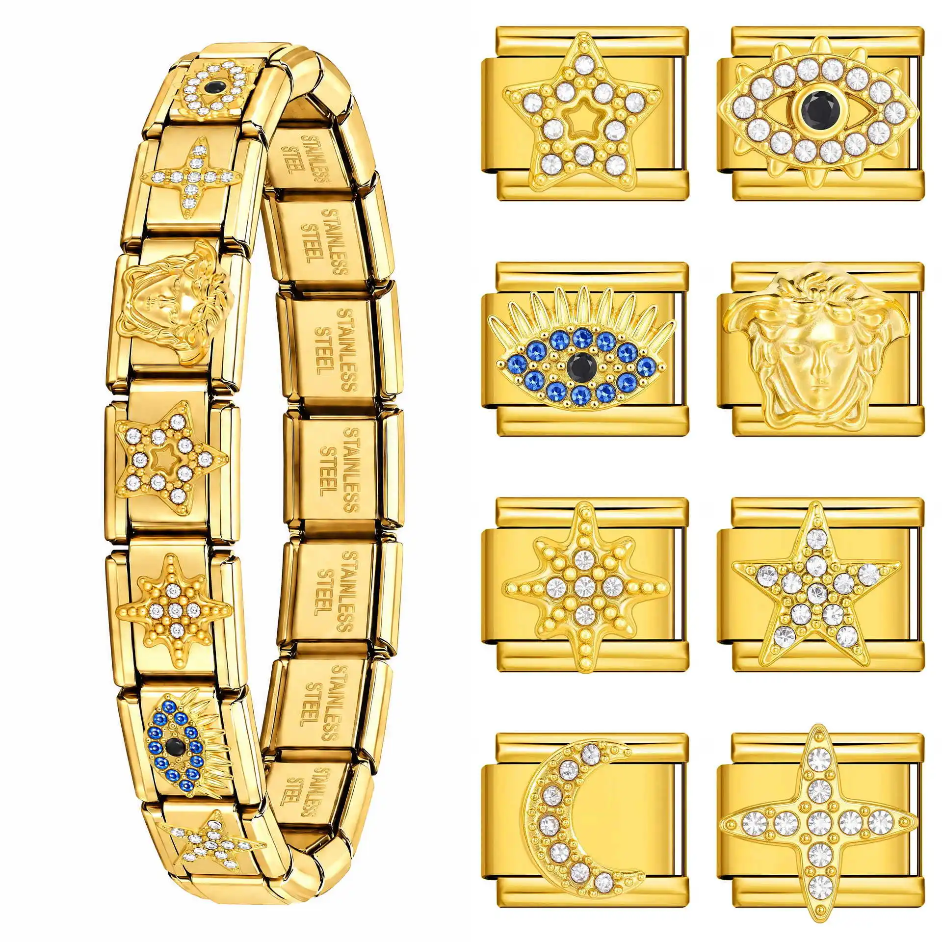 Gold Plated Stainless Steel Italian Modular Charm Evil Eye Star Moon Cross Crystal Zircon Link DIY Elastic Bracelet Jewelry Gift