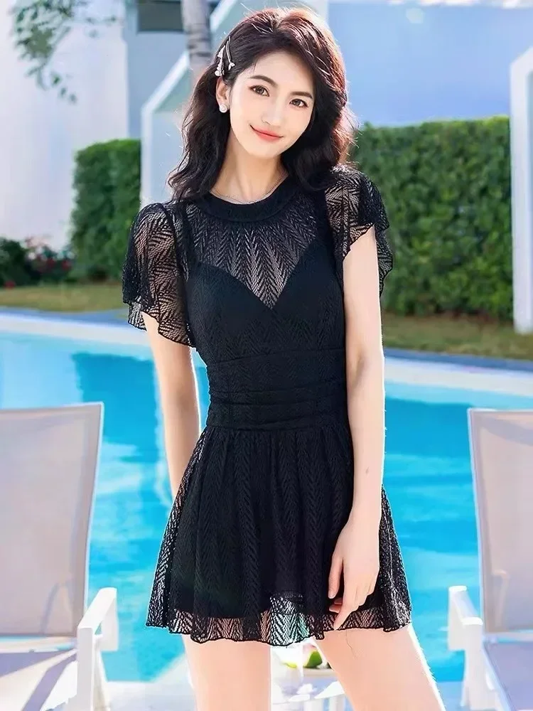 Women's Clothing 2023 Summer New Solid Color Spliced Lace Sexy Thin Fashion Vacation Casual Short Sleeve Swimwear - Image 3