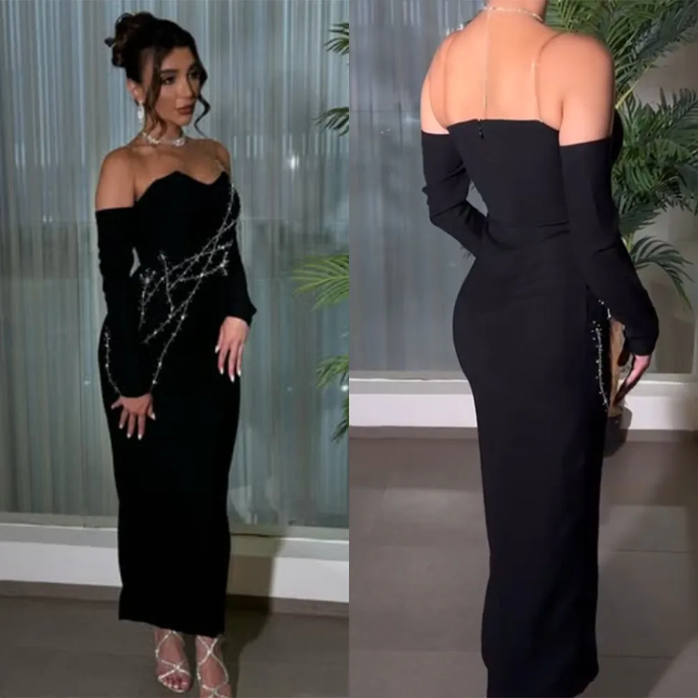 

High Quality Customized V-neck Black Ankle Length Beaded Gloves Straight Robe Pour Mariage Invité Luxury Evening Dress فستان