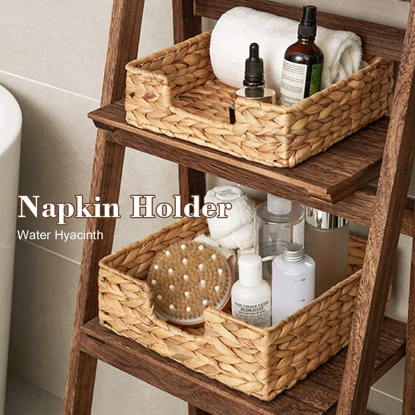 Hand Woven Rattan Tray Wicker Baskets for Toilet Tank Tray Wicker Tray for Kitchen Home Office Water Hyacinth Square Storage