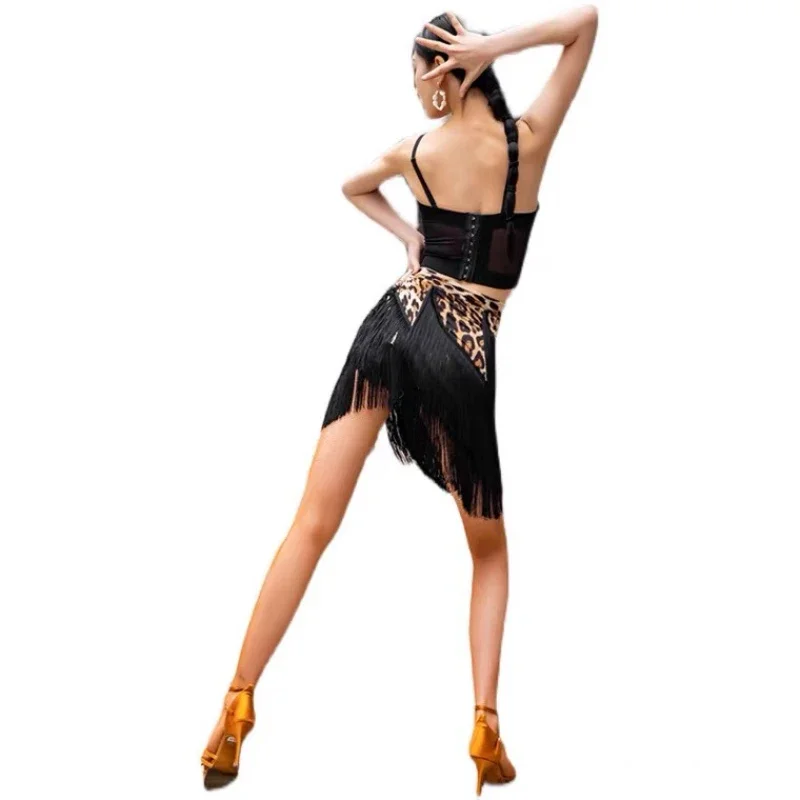 Fringe Latin Dance Skirt Leopard Sexy Adult Latin Wrap Skirts Spandex Latin Dance Dress Women\'s Black Practice Skirt Hip Scarf