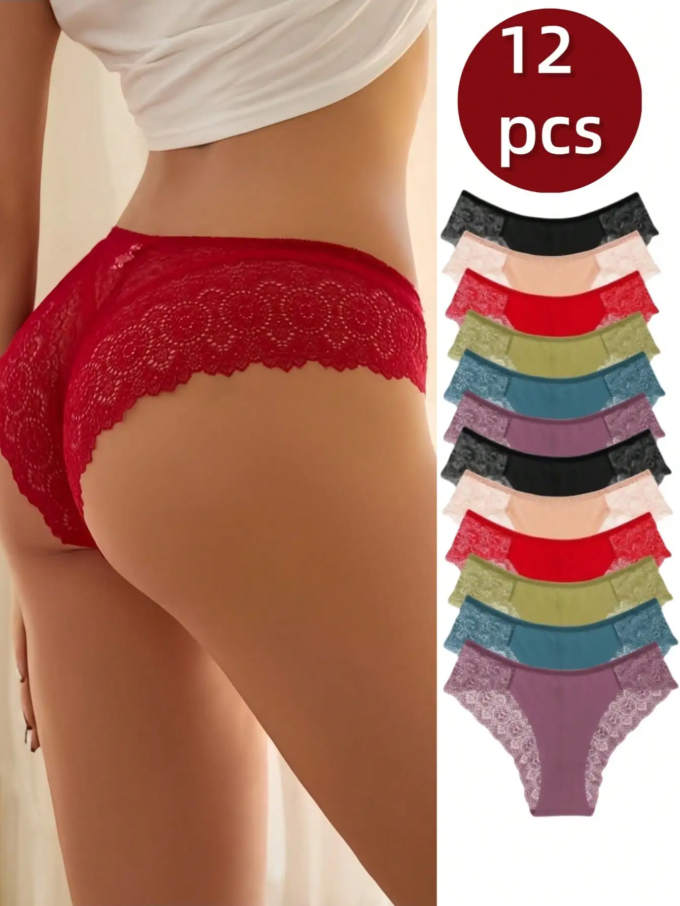 

Ladies' Sexy Panties With Cute Lace And Sexy Bikini-Style Design, Ladies' Invisible Silky Low-Rise 12-Piece Set Of Panties With Lace Splicing, Lightweight, Comfortable And Breathable Ladies' Panties.