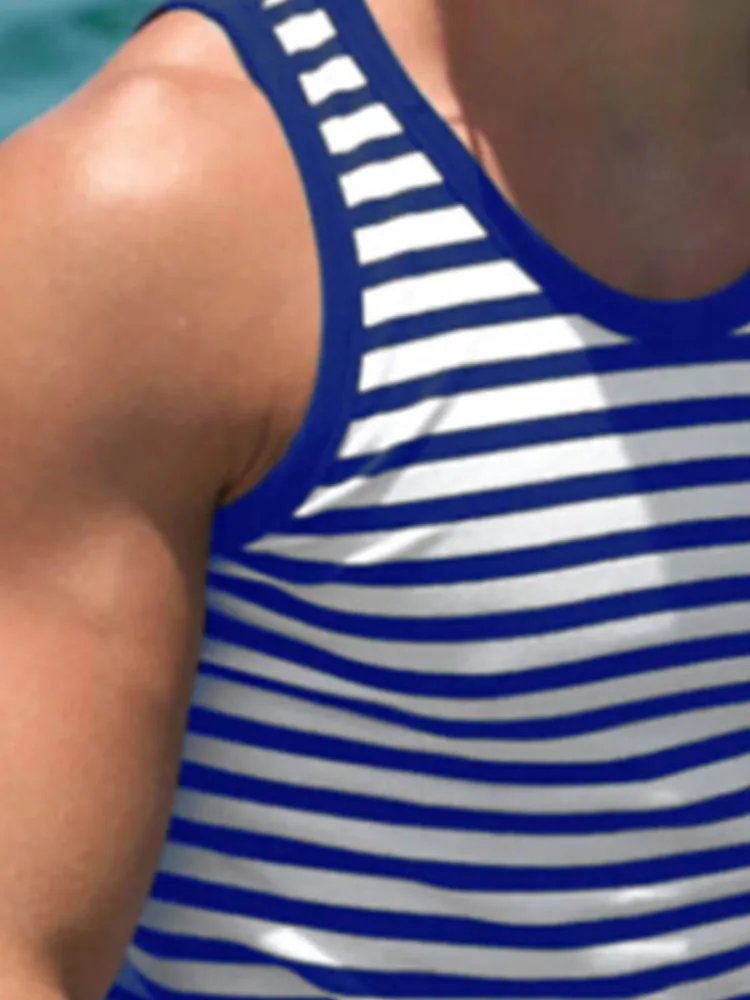 New Summer Men\'s Casual Blue and White Striped Thin Sleeveless Sports Vest Trendy Brand Versatile Repair Very Base Shirt