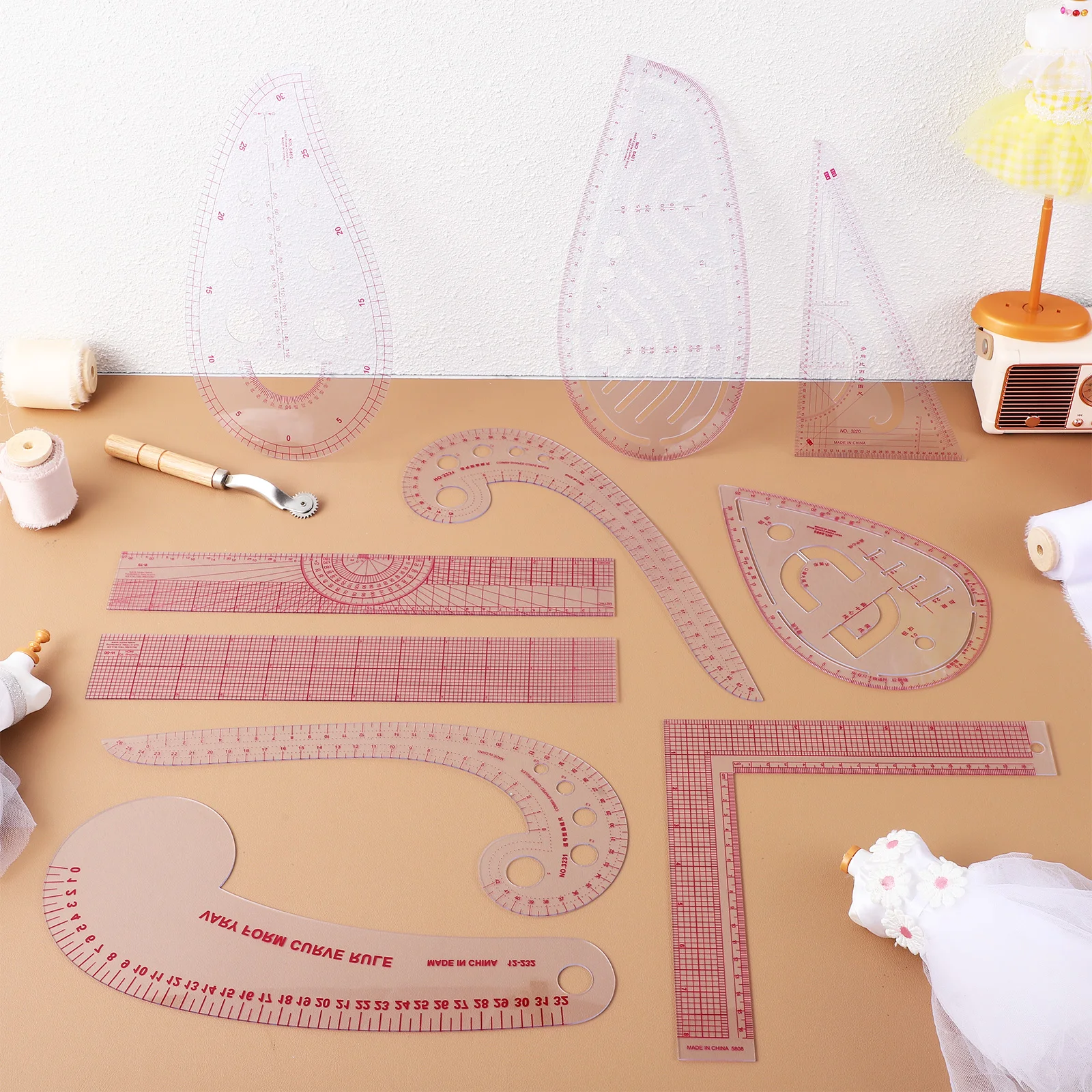 

Sewing Ruler Set Curved French Triangle Rulers Clear Scale Lightweight Plastic Cutting Hemming Templates Drawing Projects Fabric