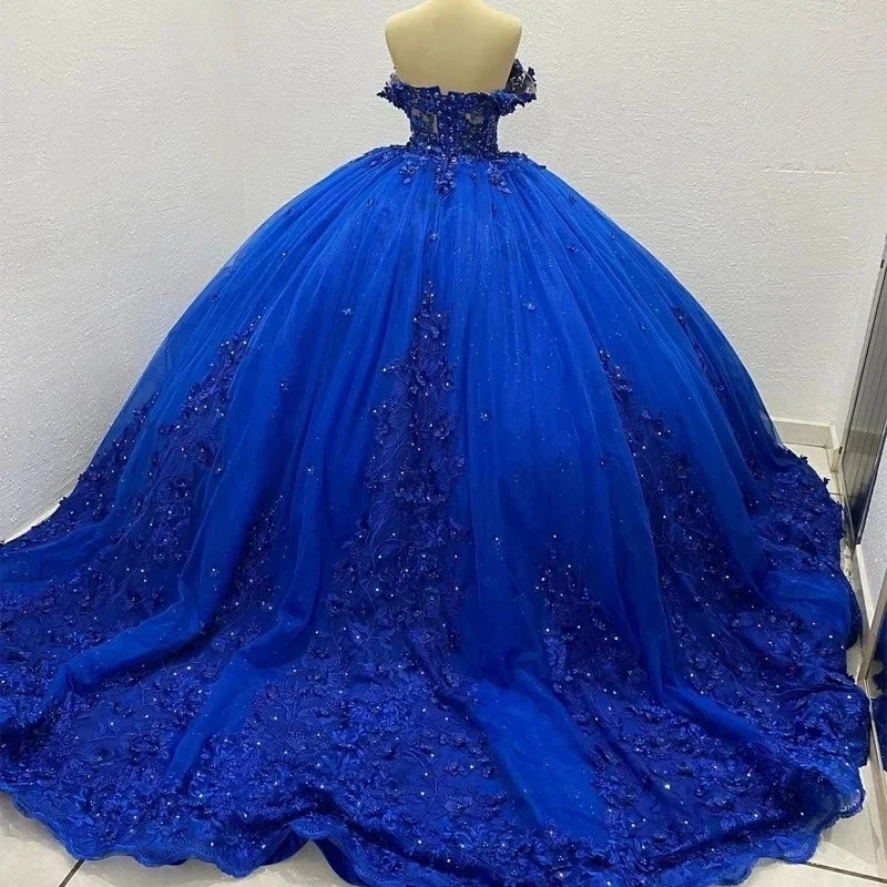 Sparkly Sequined Quincenara Dresses 2024 Luxury Beading Lace Ball Gown Royal Blue Sweet 16 Gown Vestidos De 15 Quinceañera