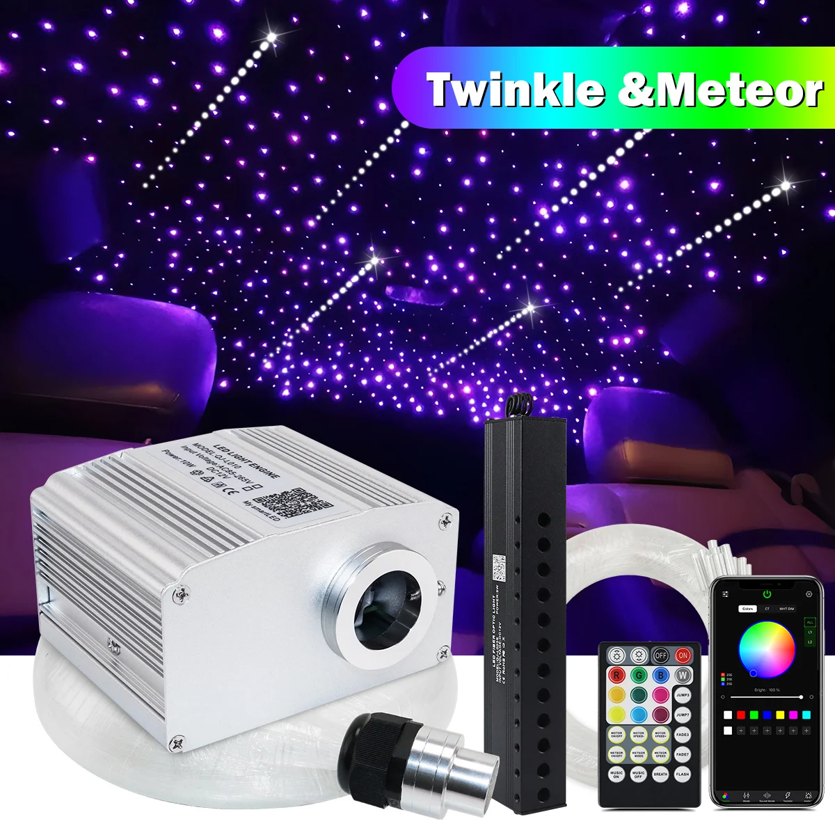 

10W Flicker RGBW Fiber Optic Starlight Kit Car roof Starry Ceiling Meteor Fiber Optic Light cable Waterproof Christmas lighting