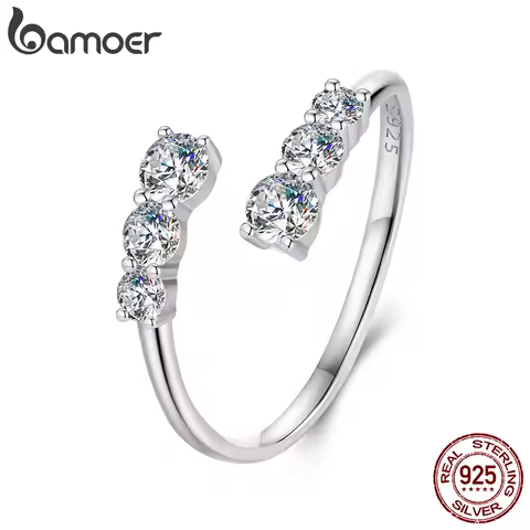 BAMOER Moissanite White Gold Plated Adjustable Ring 925 Sterling Silver Exquisite Open Ring for Women Engagement Jewelry Gift