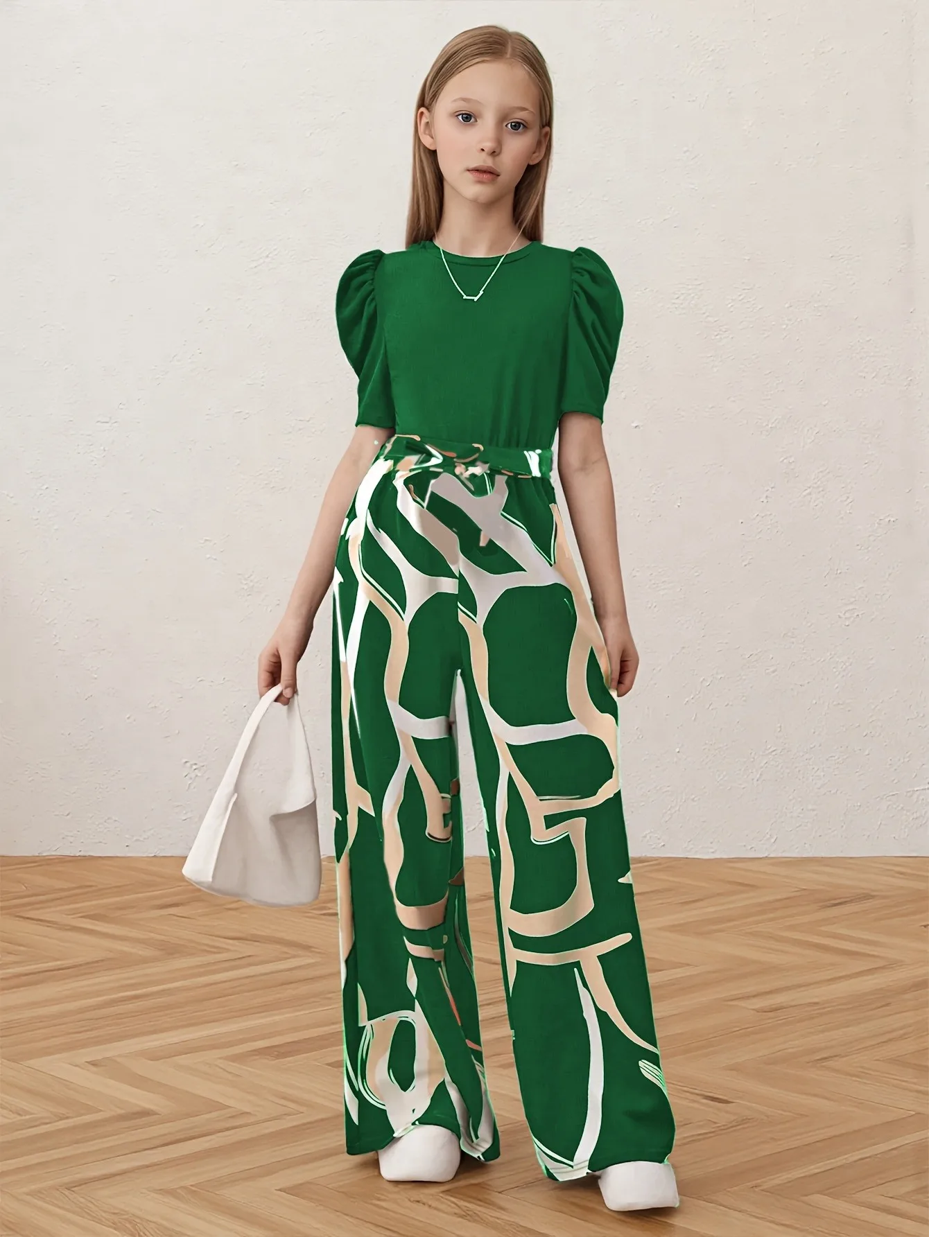 Trendy Girls 2Pcs Elegant Co-ord, Dark Green Puff Sleeve Plain Top & Abstract Graphic Belted Wide Leg Trousers for Party & Daily
