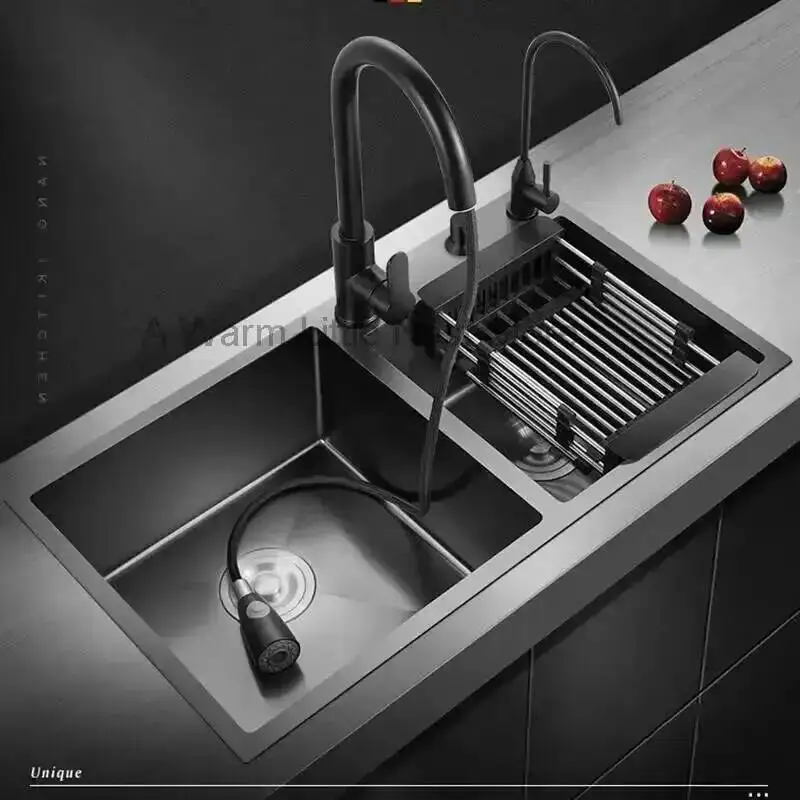 German Balcony Double-slot for Kitchen Black Sink Stainless Steel Large Capacity Sinks Creative Kitchen Sinks for Bar Counter