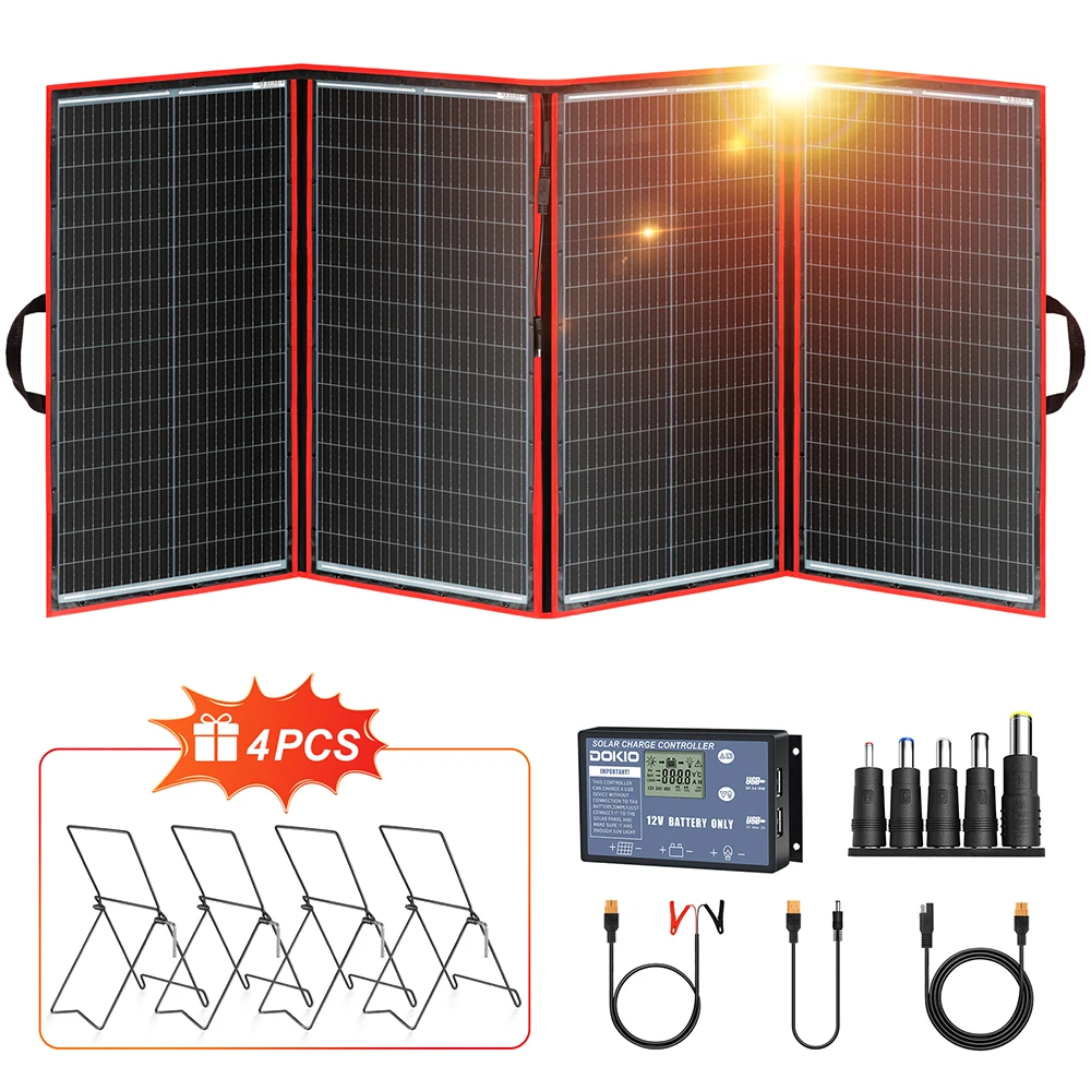 Dokio (gratis 4-delige standaardset) 18V 195W/295W draagbaar opvouwbaar zonnepaneel met 12V controller, geschikt voor thuis en op reis