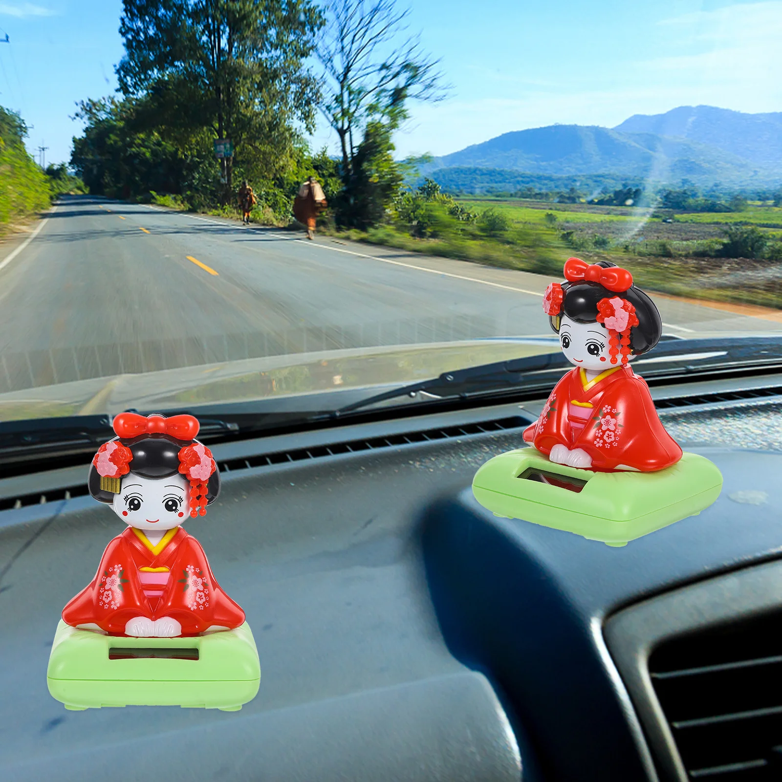 

Shaking Head Kimono Plastic Sitting Ornament Car Desktop Decoration Cartoon Solar Powered Cute Small Kimono Statue