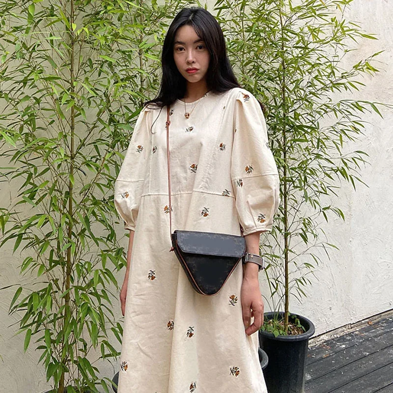 Korejpaa French Fashion Floral Embroidery Dress Women Puff Sleeve Casual Dresses Spring Casual O Neck High Waist Clothing