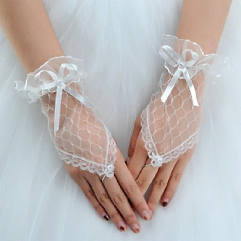 Guantes de encaje con diamantes de imitación para mujer, malla transparente, sin dedos, para damas de honor, banquetes, bodas, fiestas de té, funerales