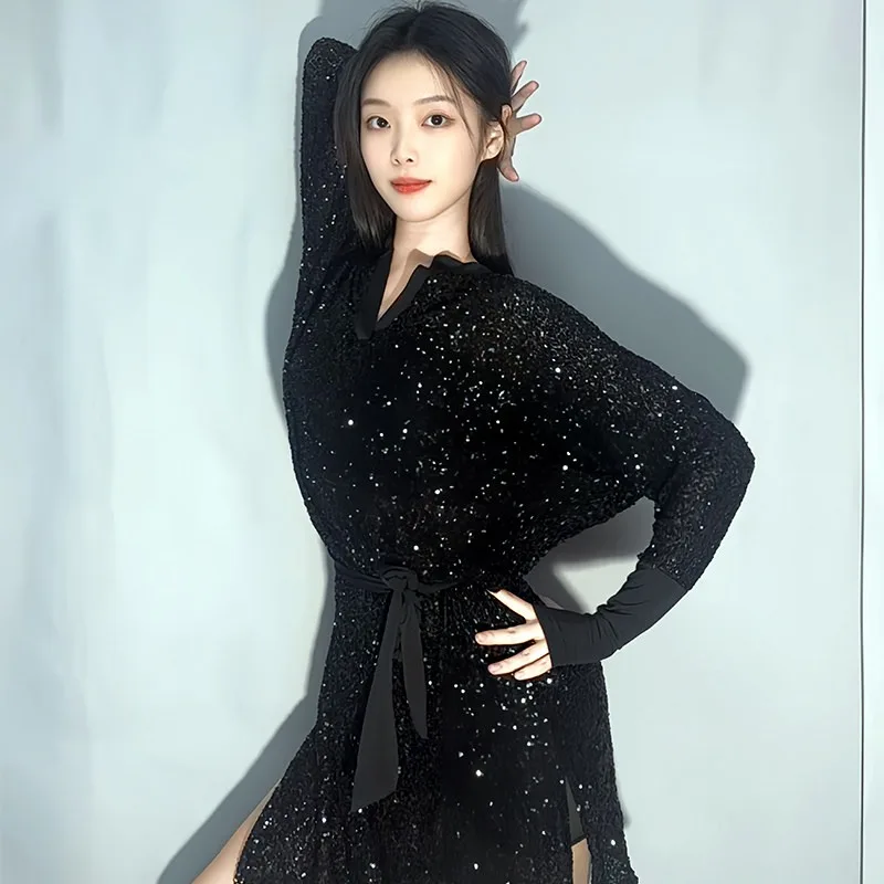 Women Sequined Latin Short Dress Original Design Elegant Ballroom Dance Outfit Comfort Fit Daily Practice Costume Dancewear Zym