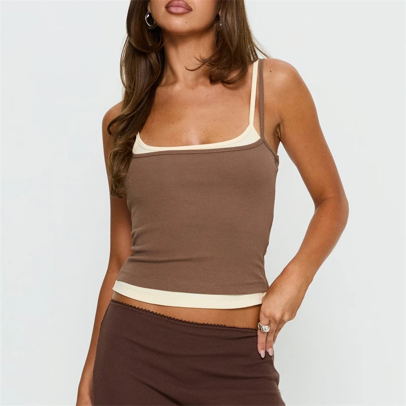 Women's Slim Fit Camisoles Spaghetti Strap Stylish Double Layer Cotton Tank Tops Charcoal and Light Blue Summer Crop Tops