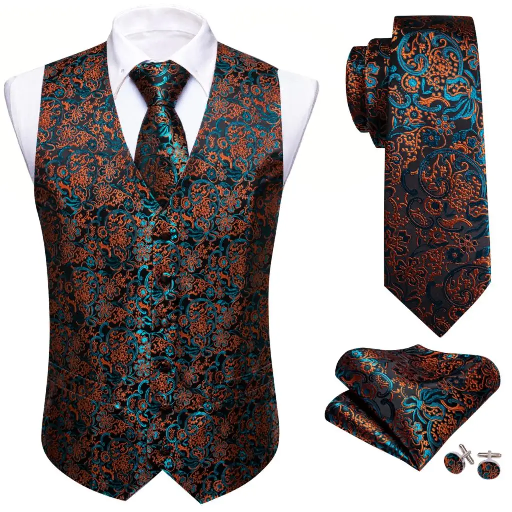 

Designer Blue Orange Flower Men's Vest Waistcoat Tie Hanky Cufflinks Set Wedding Business Formal Sleeveless Jacket Barry Wang