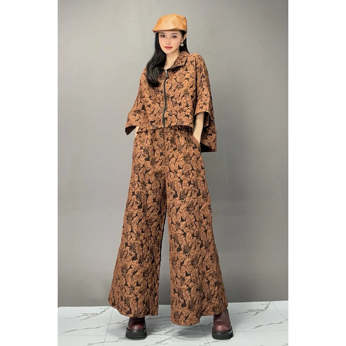 Vefadisa Dark Brown 2024 Autumn New Vintage Printed Women Matching Sets Lapel Long Sleeved Coat And Wide-leg Pants Suit ZXY1011A