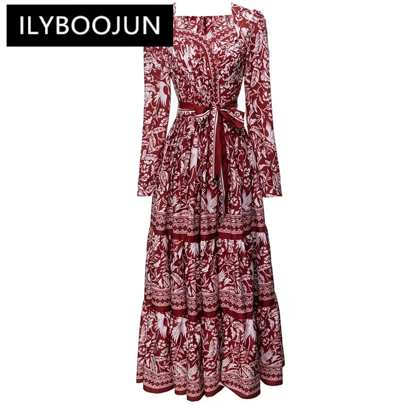 

ILYBOOJUN Fashion Designer Early Autumn Long Dress Women Draped Square Collar Long Sleeve Lace-up Print Vintage Party Dresses