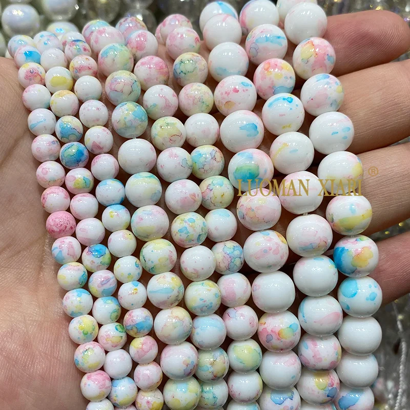 Natural Stone Roasted White Jades Colorful Loose Round Spacer Beads for Jewelry Making DIY Earrings Bracelet Charms Accessories