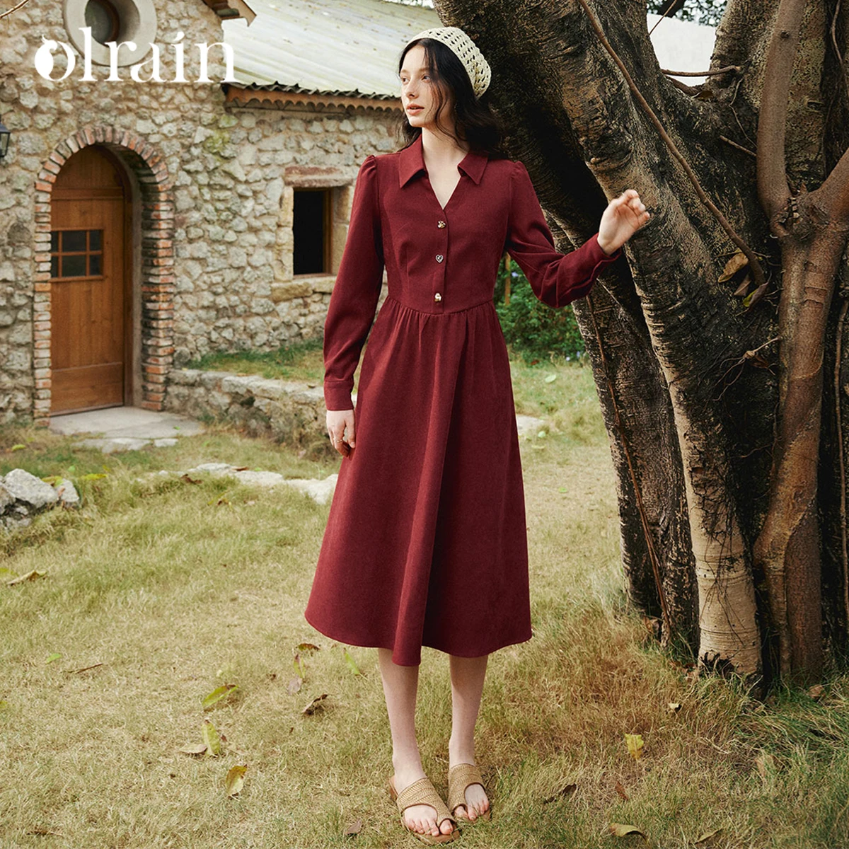 

OLrain Red Dress Woman Metal Button V-neck Vintage Dress Ladies 2026 Spring New A-Line Midi Elegant Party Dresses O58CL003060