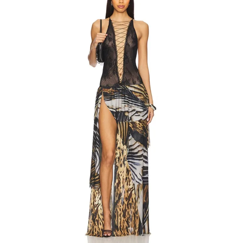 Abito lungo da donna sexy con taglio in pizzo senza schienale, cinturino elegante, scollo a V, volant, spacco, abito da cocktail da sera, abito da ballo