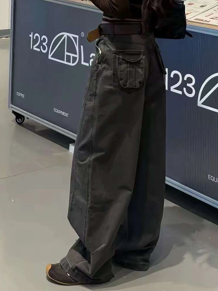 Y2K Wide Leg Jeans Women American Retro Pocket Loose Straight Leg Mop Pants Spicy Girl Autumn