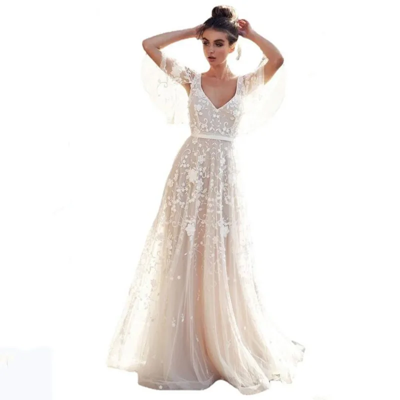 Lange Boho Elegante Trouwjurken Voor Zwangere Vrouwen Hoge Taille Tulle Halve Mouwen V-hals Moederschap Bruid Gown Vestidos De Novia