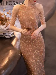 Customized Gold Color Sequin Evening Dresses Short Party Off Shoulder Bodycon Mermaid Women Sexy Evening Split Dress Fashion 202