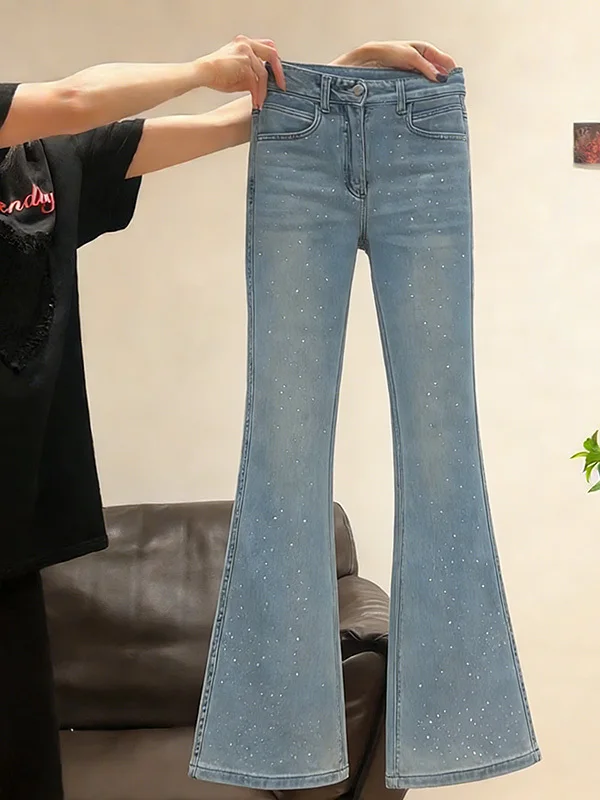 

plus Size Luxury Heavy Embellished Fleece Lined Flared Denim Jeans Women's High Waist Slimming Flared Pants Spring 2026 New A...